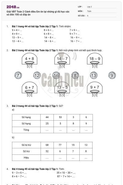 Giải VBT Toán 2 Cánh diều Em ôn lại những gì đã học các số đến 100 có đáp án