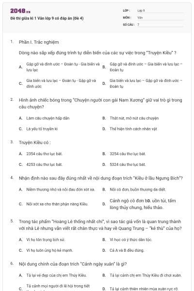Đề thi giữa kì 1 Văn lớp 9 có đáp án (Đề 4)