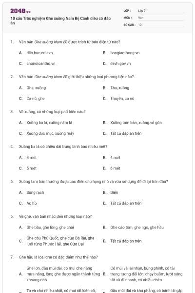 10 câu Trắc nghiệm Ghe xuồng Nam Bộ Cánh diều có đáp án