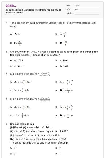17 bài trắc nghiệm Lượng giác từ đề thi Đại học cực hay có lời giải chi tiết (P2)