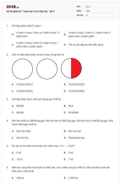 Đề thi giữa kì 1 Toán lớp 5 (có đáp án) - Đề 2
