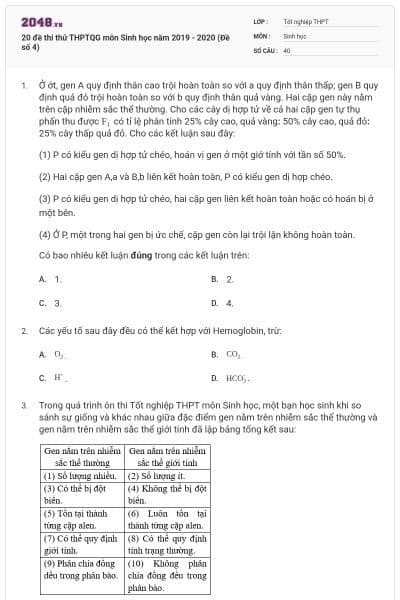 20 đề thi thử THPTQG môn Sinh học năm 2019 - 2020 (Đề số 4)