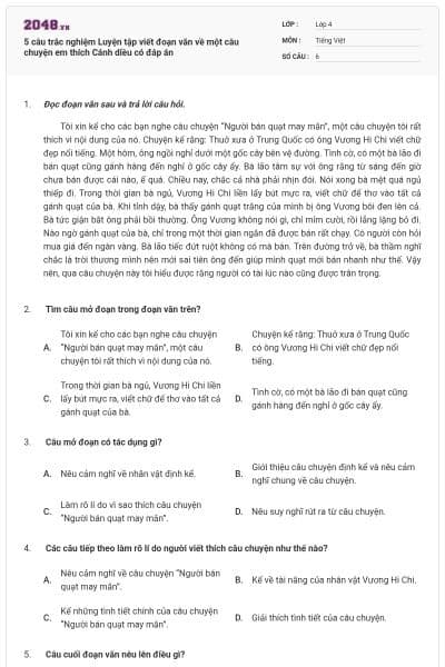 5 câu trắc nghiệm Luyện tập viết đoạn văn về một câu chuyện em thích Cánh diều có đáp án
