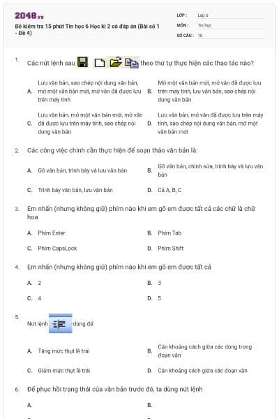 Đề kiểm tra 15 phút Tin học 6 Học kì 2 có đáp án (Bài số 1 - Đề 4)