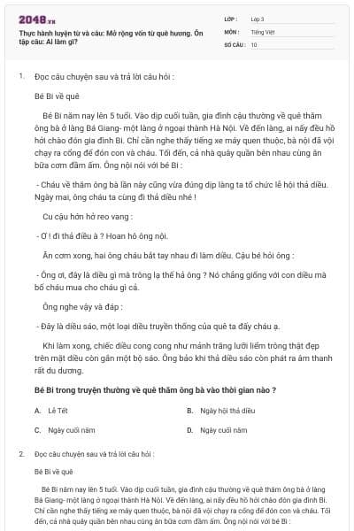 Thực hành luyện từ và câu: Mở rộng vốn từ quê hương. Ôn tập câu: Ai làm gì?