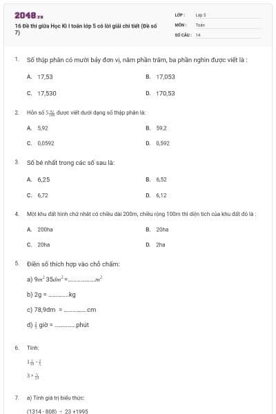 16 Đề thi giữa Học Kì I toán lớp 5 có lời giải chi tiết (Đề số 7)