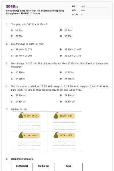 Phiếu bài tập hàng ngày Toán lớp 3 Cánh diều Phép cộng trong phạm vi 100 000 có đáp án