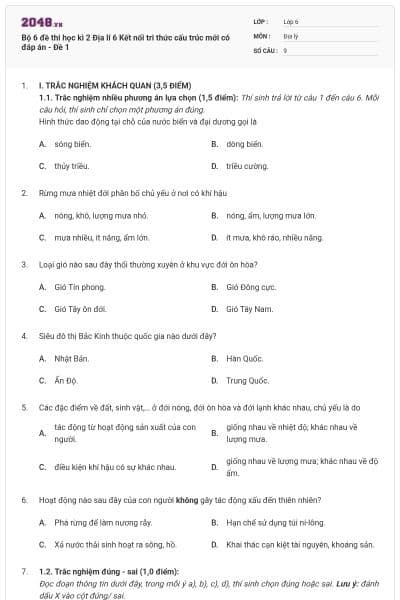 Bộ 6 đề thi học kì 2 Địa lí 6 Kết nối tri thức cấu trúc mới có đáp án - Đề 1