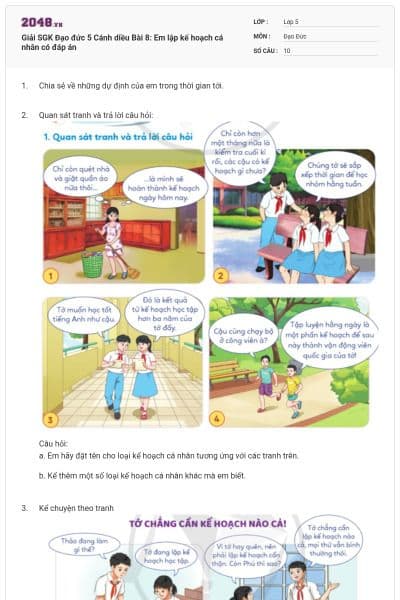 Giải SGK Đạo đức 5 Cánh diều Bài 8: Em lập kế hoạch cá nhân có đáp án