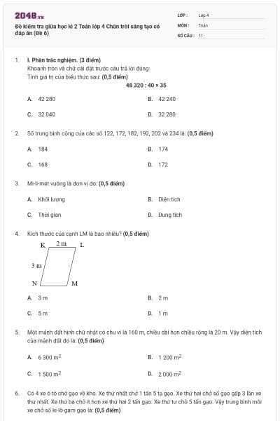 Đề kiểm tra giữa học kì 2 Toán lớp 4 Chân trời sáng tạo có đáp án (Đề 6)