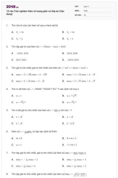 10 câu Trắc nghiệm Hàm số lượng giác có đáp án (Vận dụng)