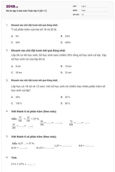 Đề ôn tập ở nhà môn Toán lớp 5 (đề 11)