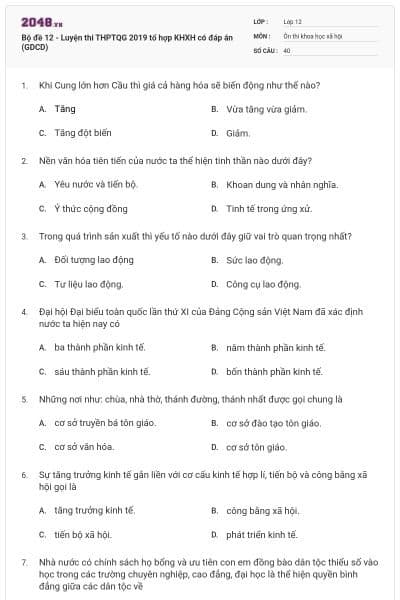 Bộ đề 12 - Luyện thi THPTQG 2019 tổ hợp KHXH có đáp án (GDCD)