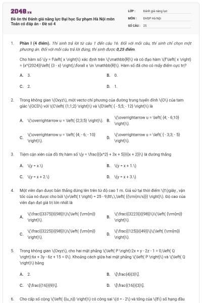 Đề ôn thi Đánh giá năng lực Đại học Sư phạm Hà Nội môn Toán có đáp án - Đề số 4