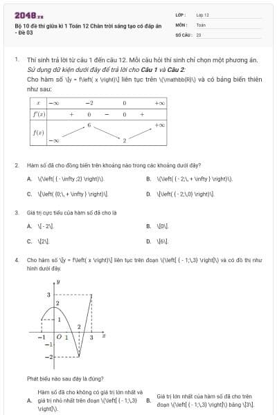 Bộ 10 đề thi giữa kì 1 Toán 12 Chân trời sáng tạo có đáp án - Đề 03