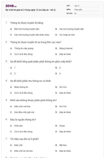 Bộ 4 Đề thi giữa kì 2 Công nghệ 12 (có đáp án - Đề 2)