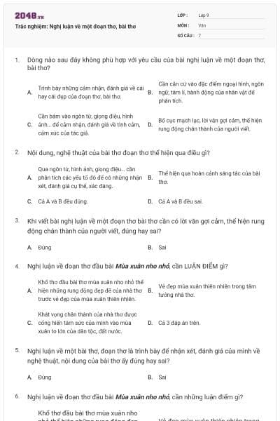 Trắc nghiệm: Nghị luận về một đoạn thơ, bài thơ