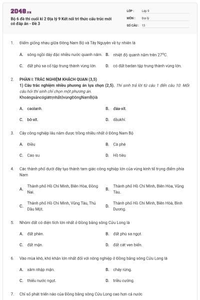 Bộ 6 đề thi cuối kì 2 Địa lý 9 Kết nối tri thức cấu trúc mới có đáp án - Đề 3