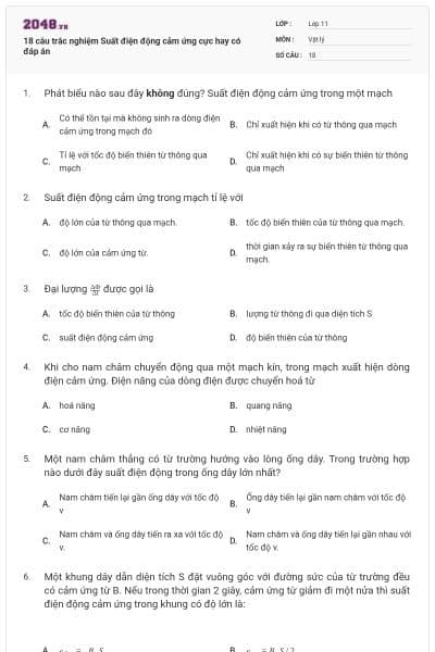 18 câu trắc nghiệm Suất điện động cảm ứng cực hay có đáp án