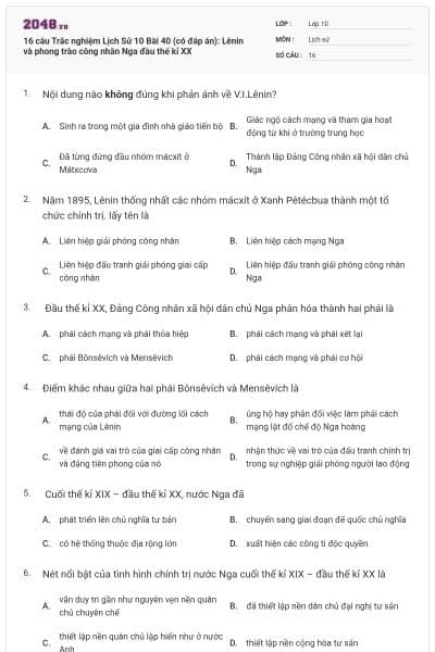 16 câu Trắc nghiệm Lịch Sử 10 Bài 40 (có đáp án): Lênin và phong trào công nhân Nga đầu thế kỉ XX