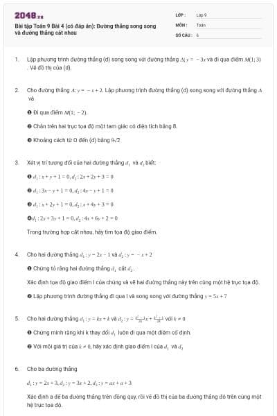 Bài tập Toán 9 Bài 4 (có đáp án): Đường thẳng song song và đường thẳng cắt nhau