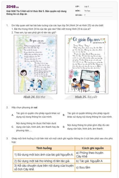 Giải SGK Tin 5 Kết nối tri thức Bài 5. Bản quyền nội dung thông tin có đáp án