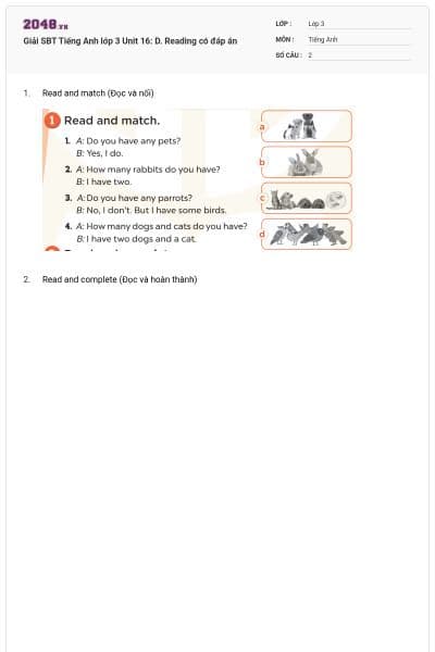 Giải SBT Tiếng Anh lớp 3 Unit 16: D. Reading có đáp án