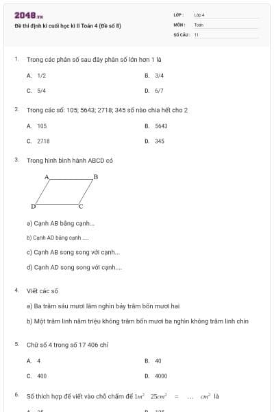 Đề thi định kì cuối học kì II Toán 4 (Đề số 8)