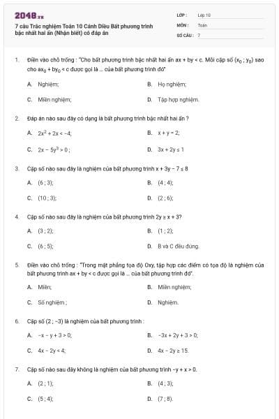 7 câu Trắc nghiệm Toán 10 Cánh Diều Bất phương trình bậc nhất hai ẩn (Nhận biết) có đáp án