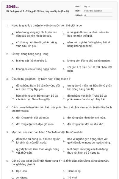 Đề ôn luyện số 7 - Tổ hợp KHXH cực hay có đáp án (Đia Lí)