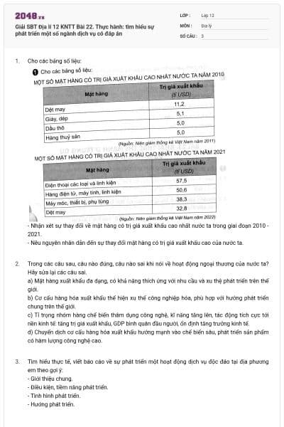 Giải SBT Địa lí 12 KNTT Bài 22. Thực hành: tìm hiểu sự phát triển một số ngành dịch vụ có đáp án