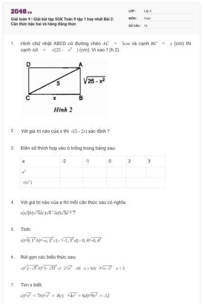 Giải toán 9 | Giải bài tập SGK Toán 9 tập 1 hay nhất Bài 2: Căn thức bậc hai và hằng đẳng thức