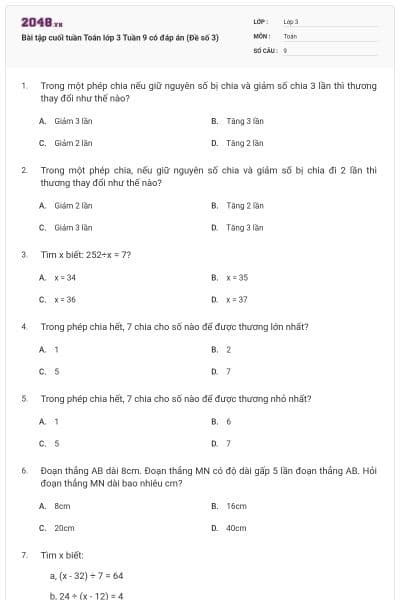Bài tập cuối tuần Toán lớp 3 Tuần 9 có đáp án (Đề số 3)