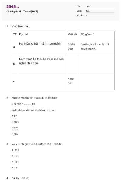 Đề thi giữa kì 1 Toán 4 (Đề 7)
