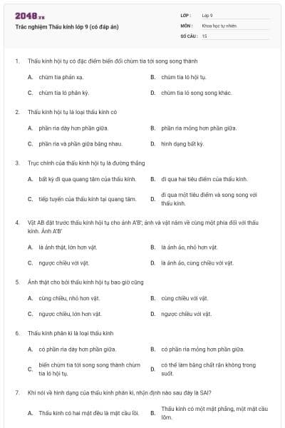 Trắc nghiệm Thấu kính lớp 9 (có đáp án)
