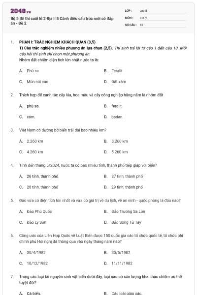 Bộ 5 đề thi cuối kì 2 Địa lí 8 Cánh diều cấu trúc mới có đáp án - Đề 2