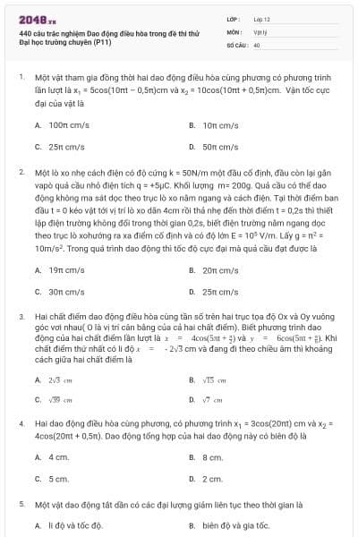 440 câu trắc nghiệm Dao động điều hòa trong đề thi thử Đại học trường chuyên (P11)