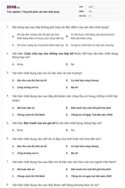 Trắc nghiệm: Tổng kết phần văn bản nhật dụng