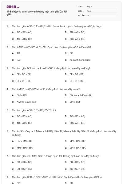 10 Bài tập So sánh các cạnh trong một tam giác (có lời giải)