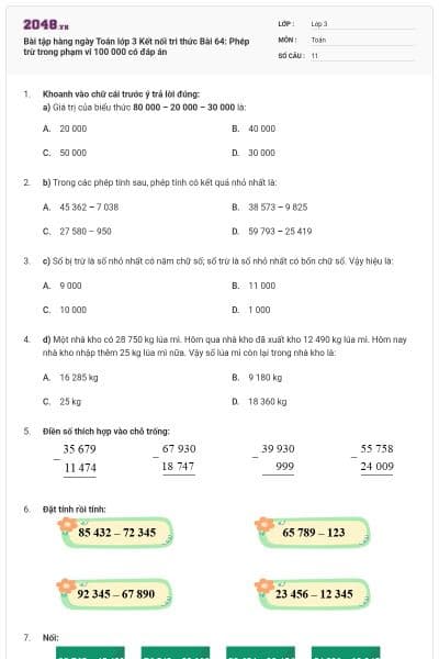 Bài tập hàng ngày Toán lớp 3 Kết nối tri thức Bài 64: Phép trừ trong phạm vi 100 000 có đáp án