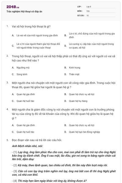 Trắc nghiệm Hội thoại có đáp án