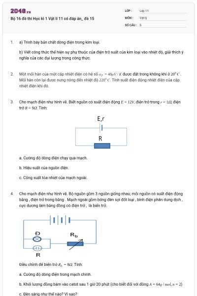 Bộ 16 đề thi Học kì 1 Vật lí 11 có đáp án_ đề 15
