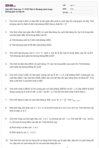 Giải SBT Toán học 11 CTST Bài 4: Khoảng cách trong không gian có đáp án