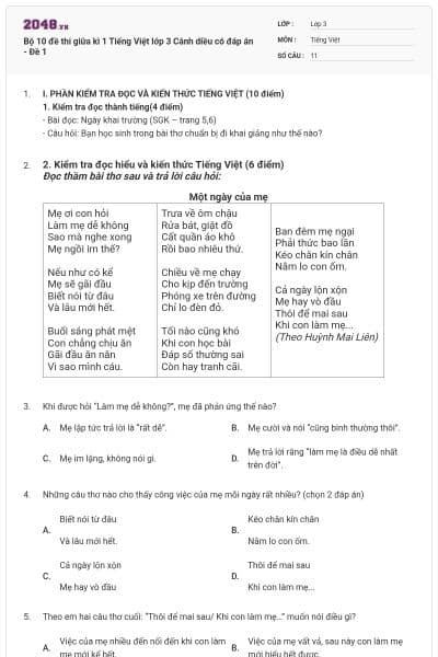 Bộ 10 đề thi giữa kì 1 Tiếng Việt lớp 3 Cánh diều có đáp án - Đề 1