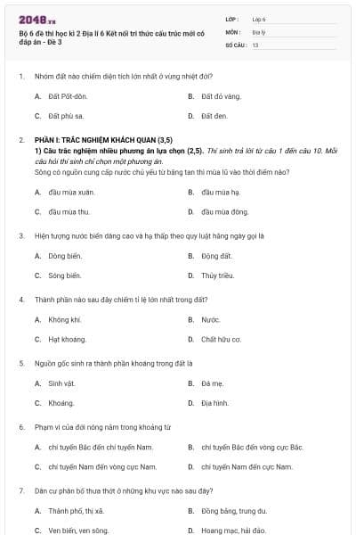 Bộ 6 đề thi học kì 2 Địa lí 6 Kết nối tri thức cấu trúc mới có đáp án - Đề 3
