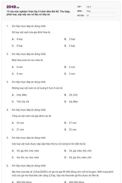 15 câu trắc nghiệm Toán lớp 5 Cánh diều Bài 80. Thu thập, phân loại, sắp xếp các số liệu có đáp án