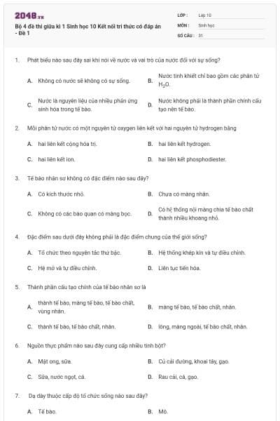 Bộ 4 đề thi giữa kì 1 Sinh học 10 Kết nối tri thức có đáp án - Đề 1