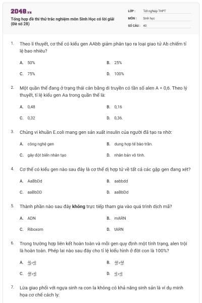 Tổng hợp đề thi thử trắc nghiệm môn Sinh Học có lời giải (Đề số 28)