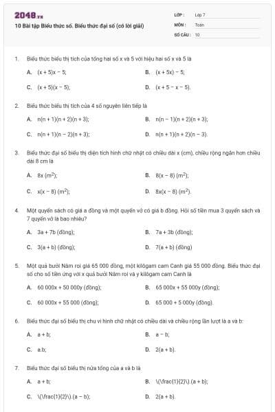 10 Bài tập Biểu thức số. Biểu thức đại số (có lời giải)