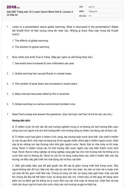 Giải SBT Tiếng anh 10 I-Learn Smart Word Unit 8. Lesson 3 có đáp án
